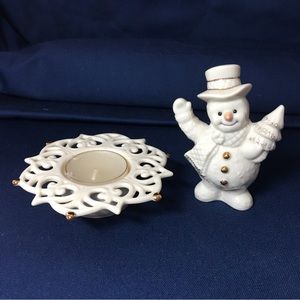 Lenox Snow Light Tea Light Holder & Lenox Snowman Figurine